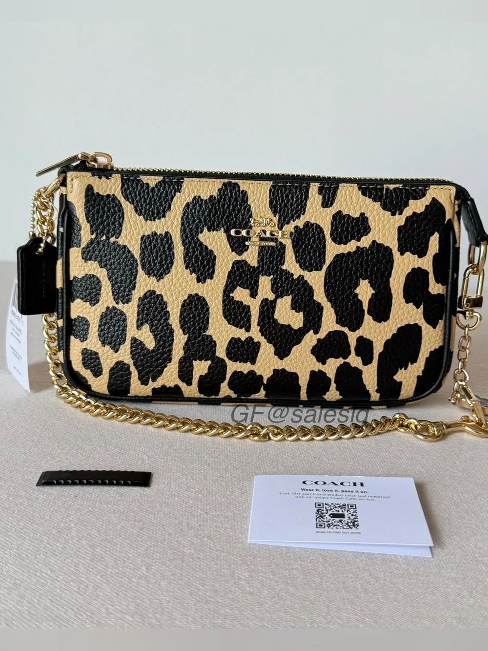 NWT Coach Nolita 19 Wristlet Small Bag Leopard Print Gold/Black Tan + extender